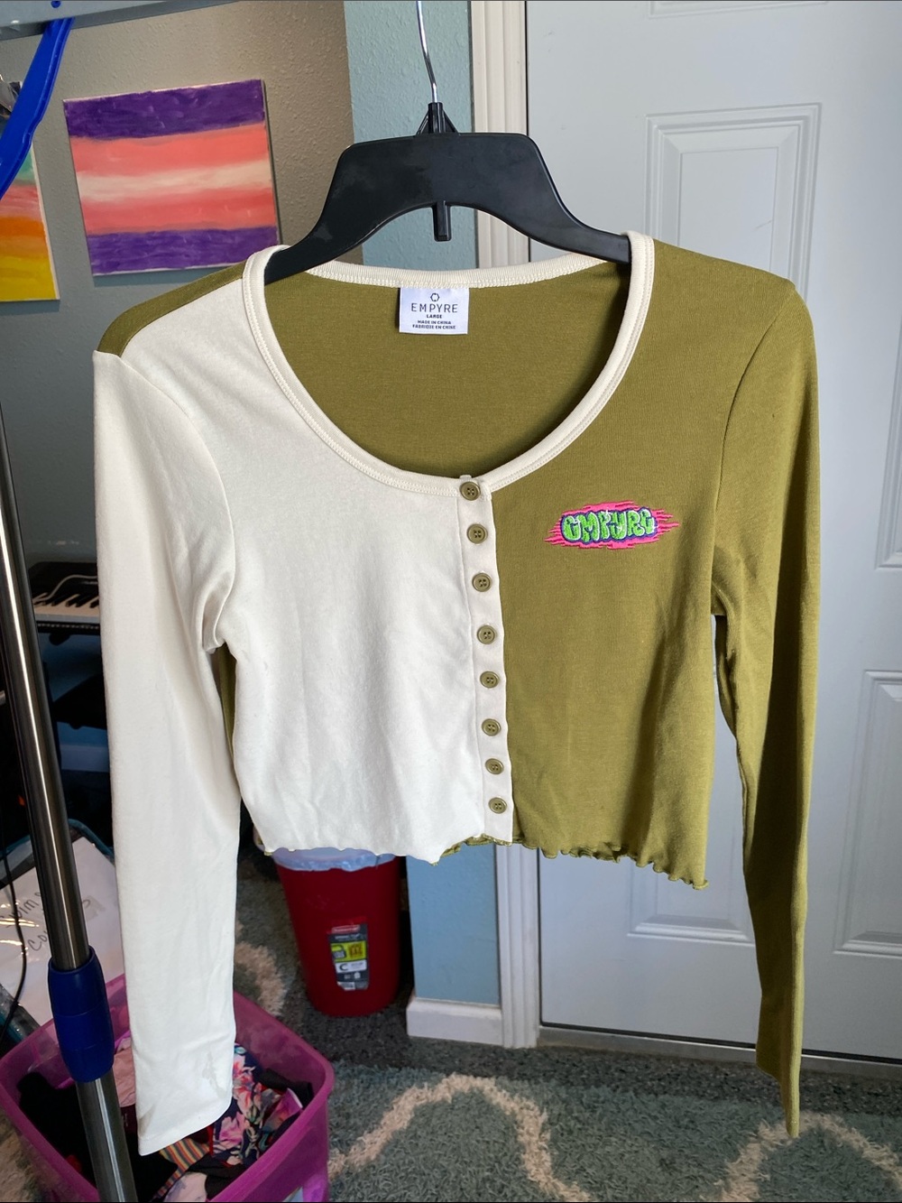 Empyre Olive & Cream Two-Tone Button Front Crop Top